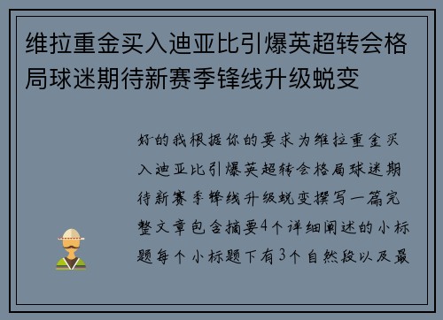 维拉重金买入迪亚比引爆英超转会格局球迷期待新赛季锋线升级蜕变
