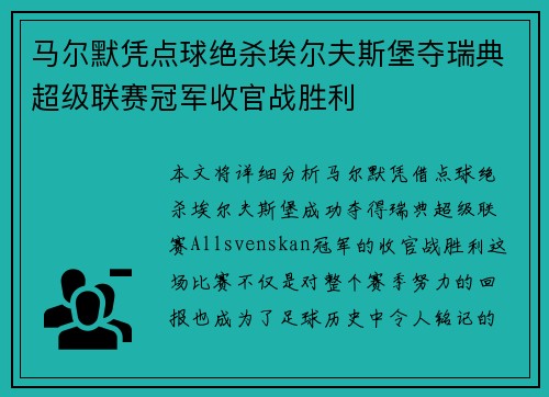马尔默凭点球绝杀埃尔夫斯堡夺瑞典超级联赛冠军收官战胜利 马尔默凭点球绝杀埃尔夫斯堡夺瑞典超级联赛冠军收官战胜利