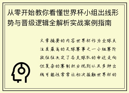 从零开始教你看懂世界杯小组出线形势与晋级逻辑全解析实战案例指南