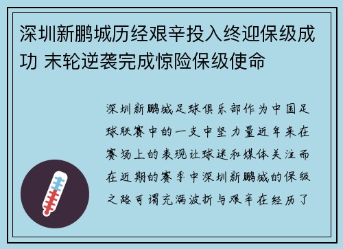 深圳新鹏城历经艰辛投入终迎保级成功 末轮逆袭完成惊险保级使命